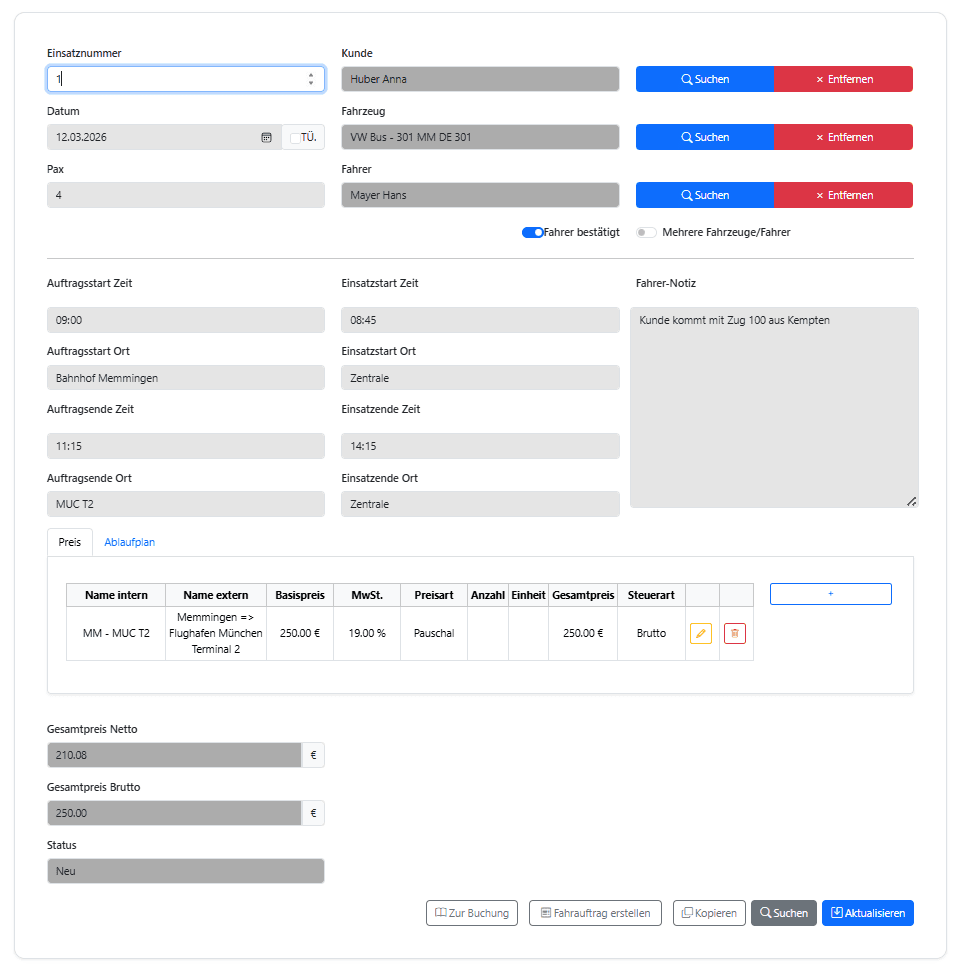 Fahrzeugeinsatz in easyTransfer